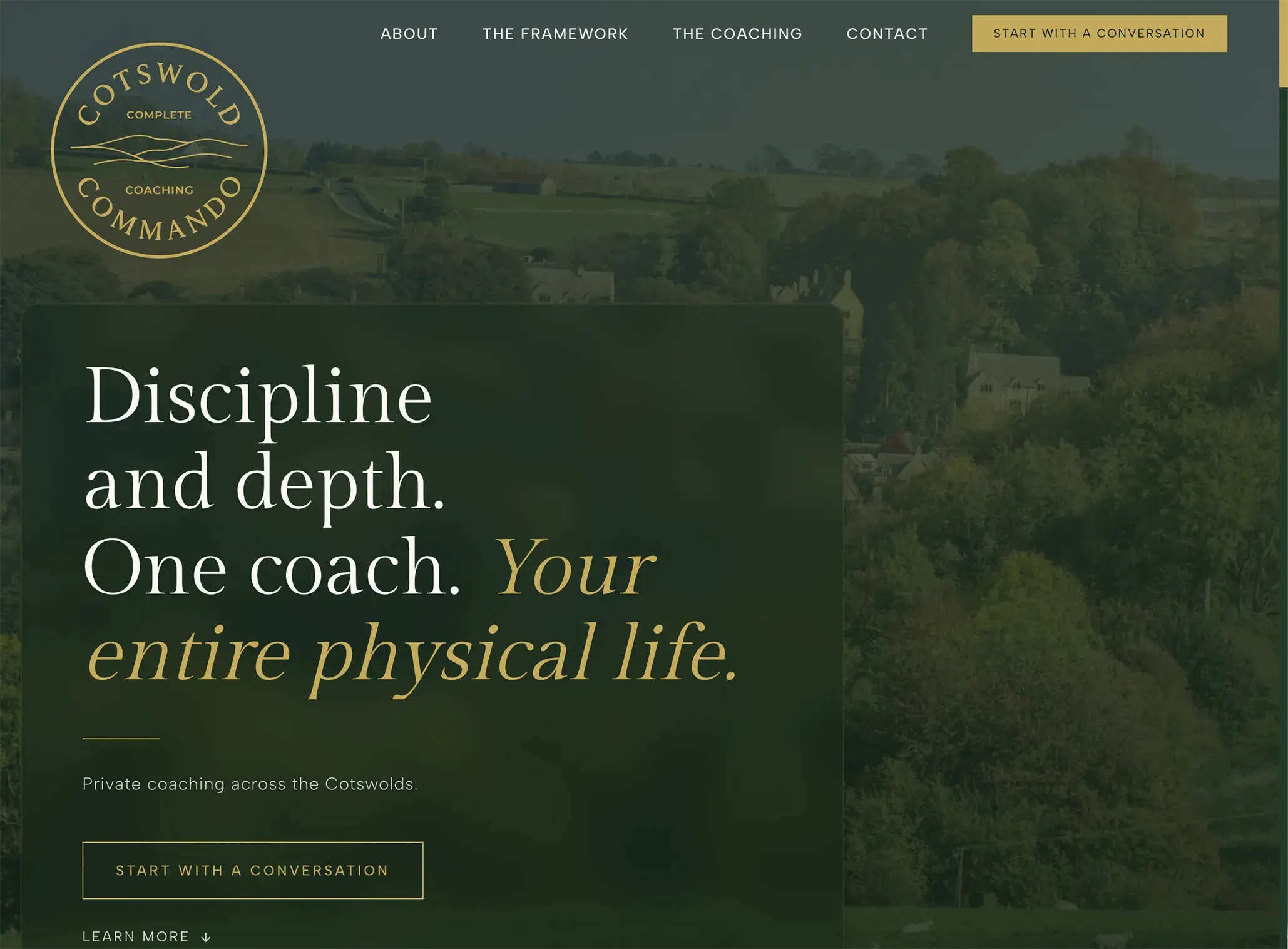The Cotswold Commando homepage, dark and atmospheric with one clear action