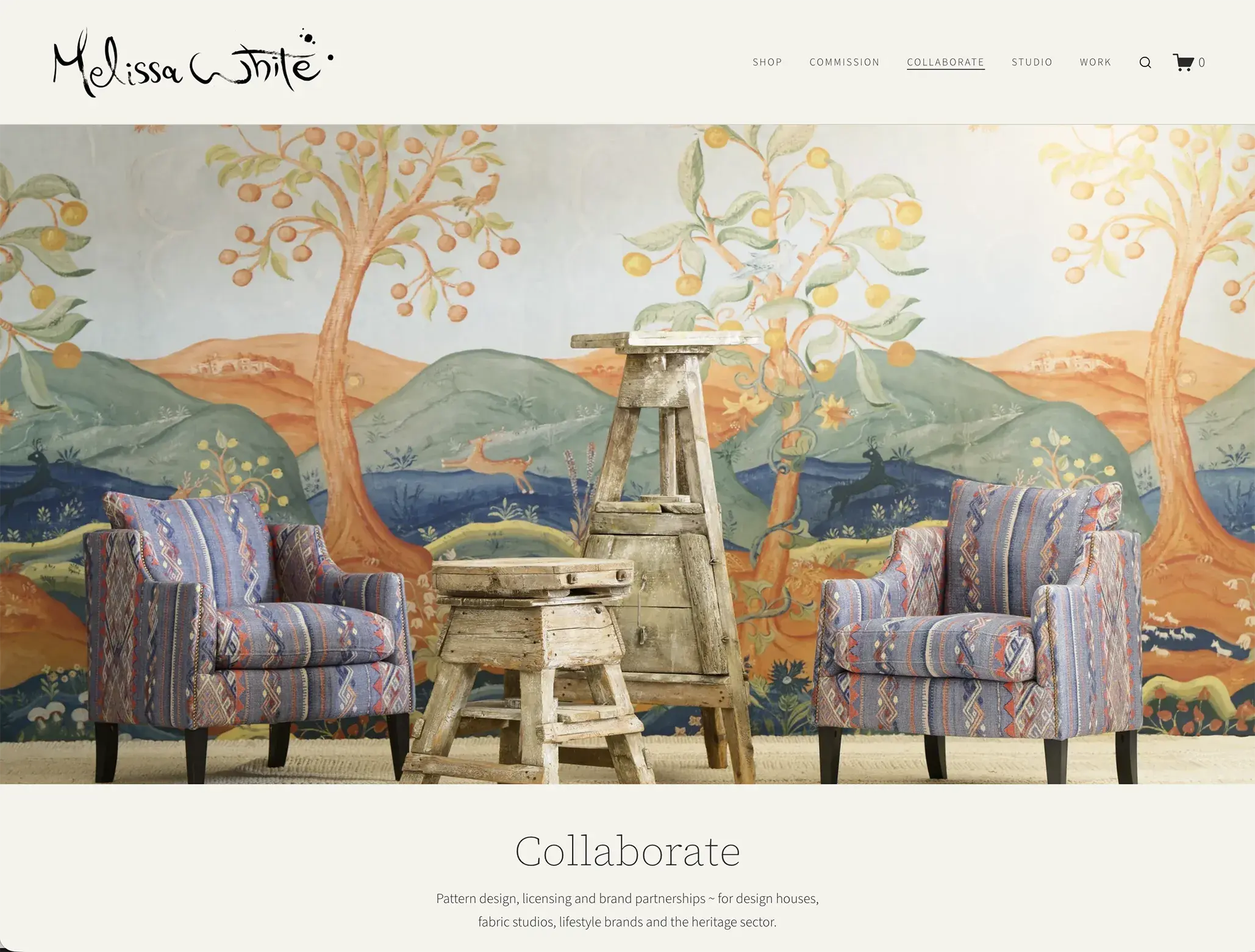 The Melissa White collaborate page, addressing designers, hotels, and licensing partners