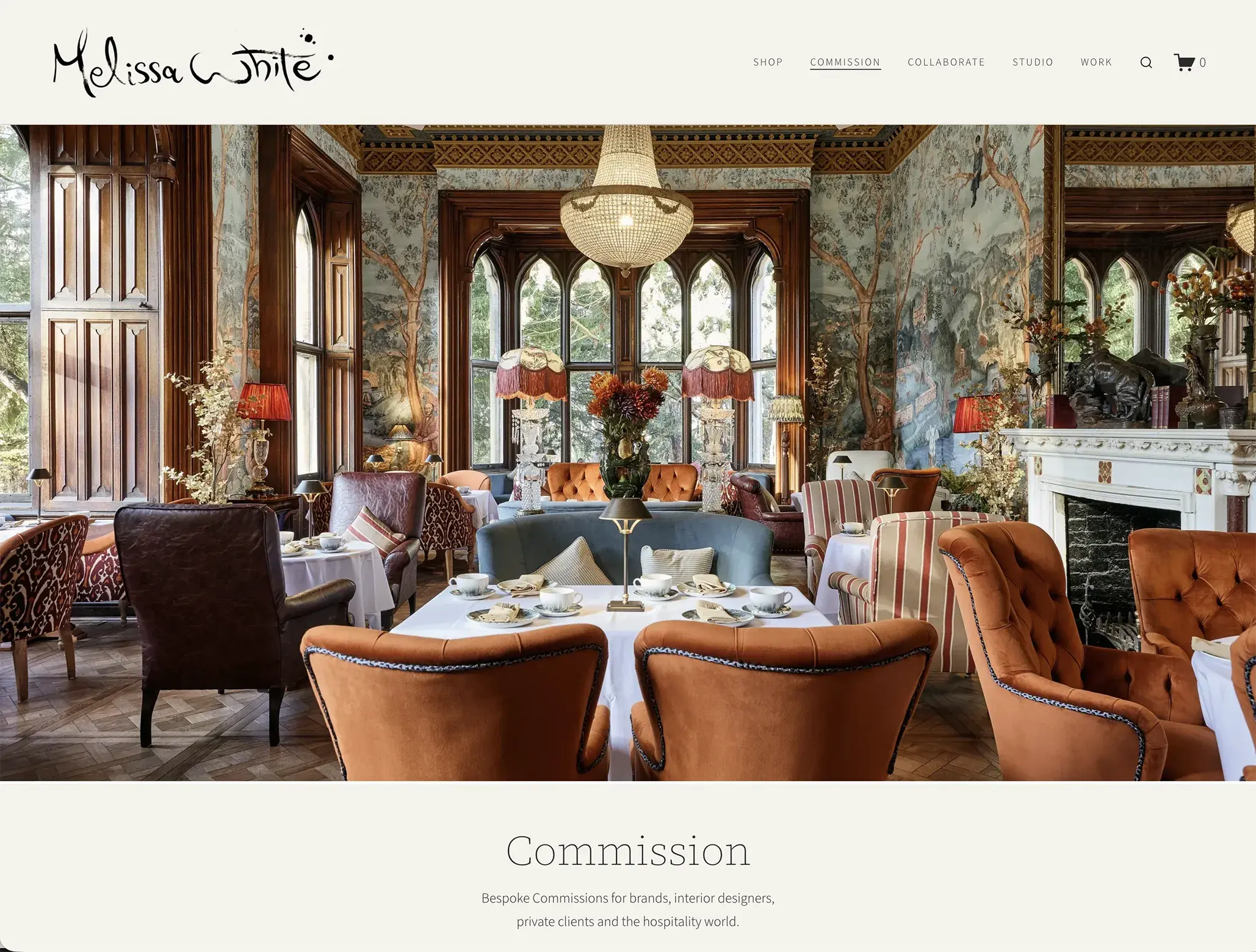 The Melissa White commission page, where clients begin a bespoke mural or wallpaper