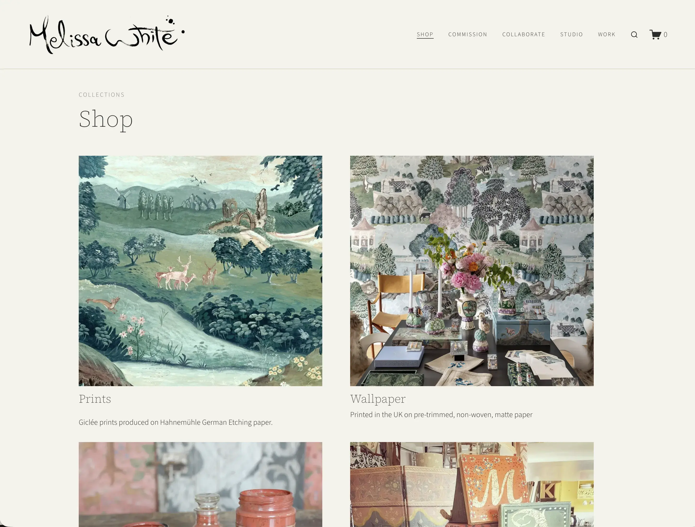 The Melissa White shop, where originals and prints are browsable by department and bought direct
