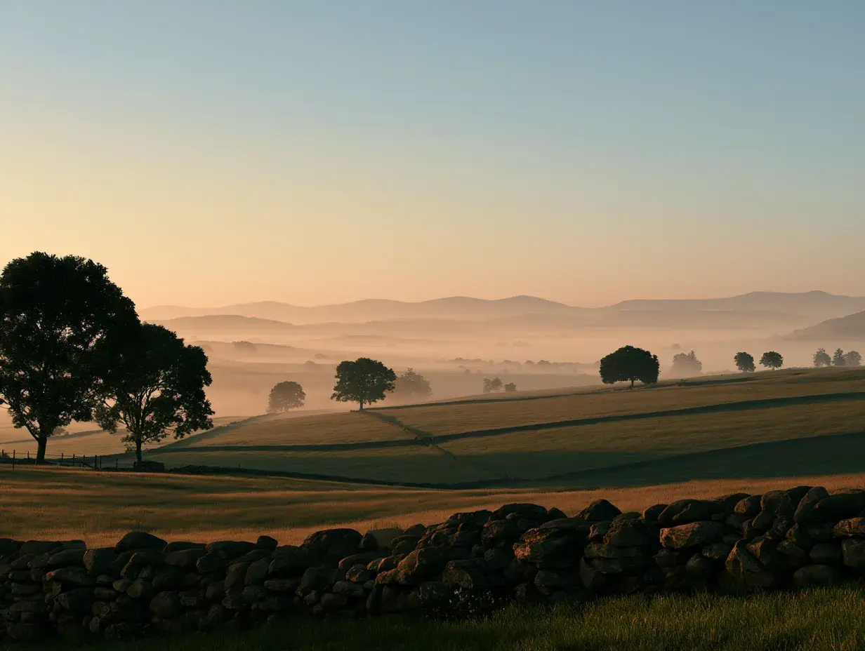 A Cotswolds landscape at golden hour, dry stone and mist