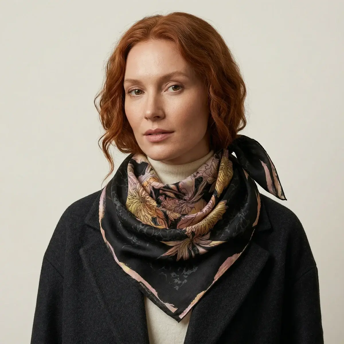 The Midnight Rose Classic Square worn folded at the neck