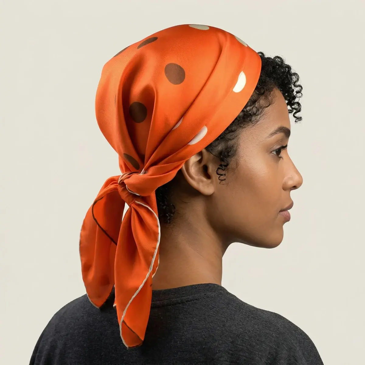 The Solitaire Spot Orange Cafe Foulard worn tied as a headscarf