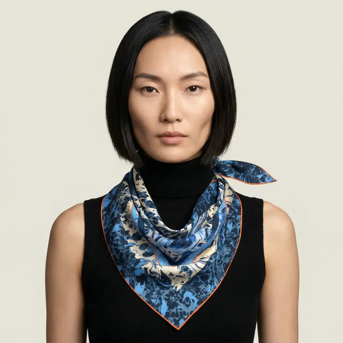 The Marble Rose Triangle Scarf worn at the neck