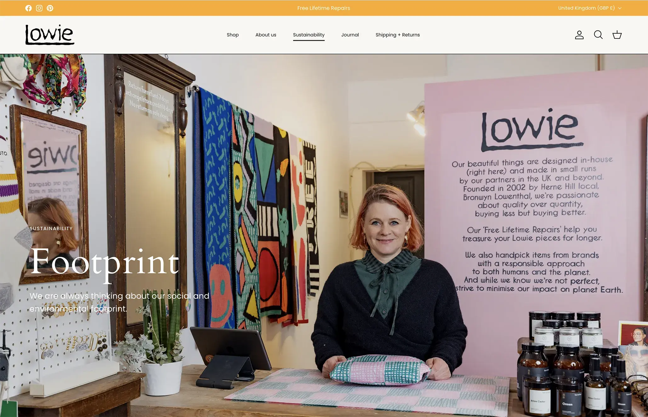 The Lowie Sustainability page, sharing the same considered layout system as the rest of the site