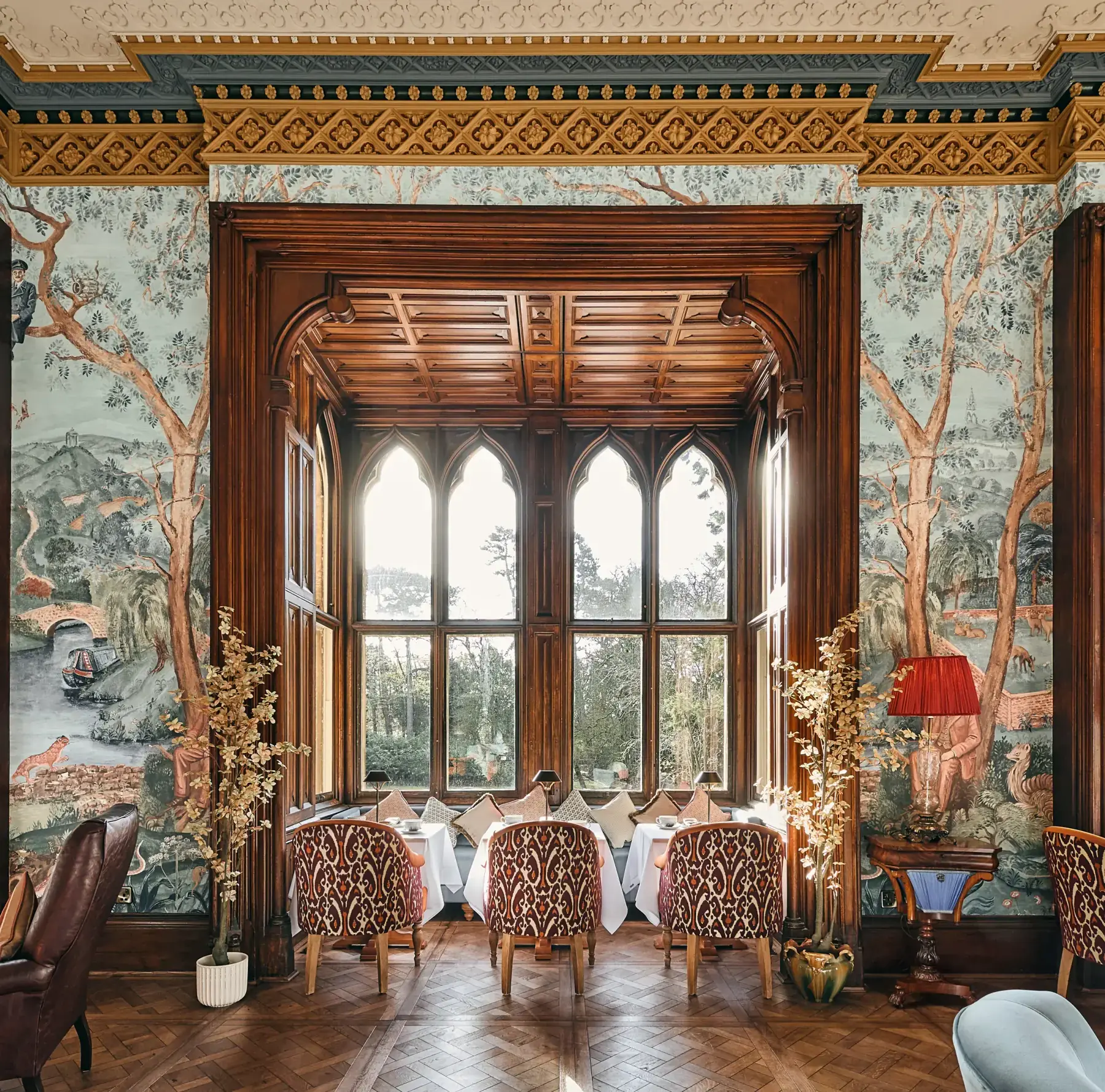 A hand painted mural by Melissa installed in the dining room at Brownsover Hall Hotel