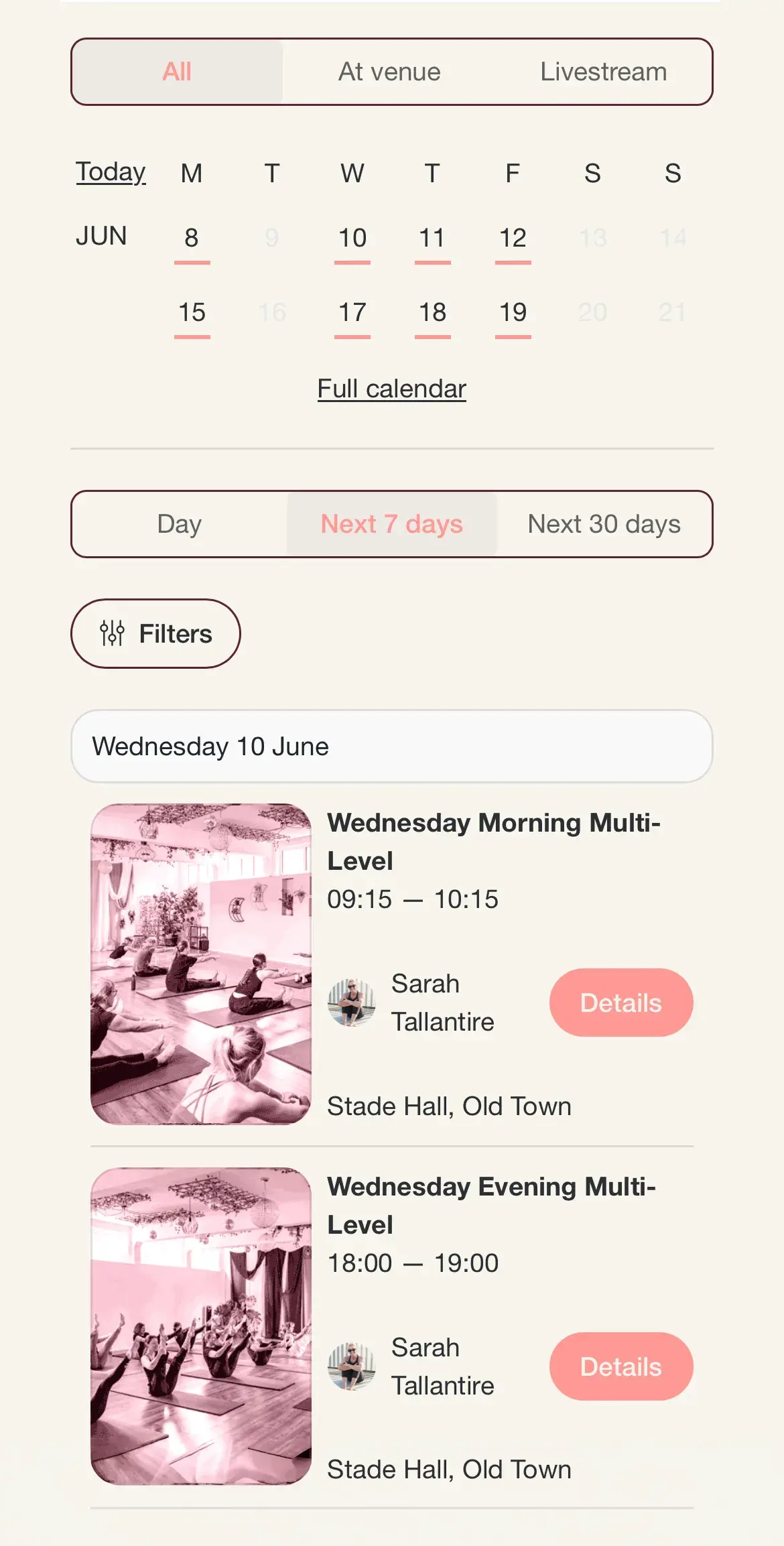 A specific class booking page within the Gymcatch integration