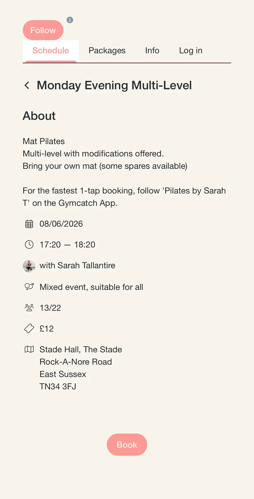 Gymcatch booking grid embedded in the Pilates by Sarah T website, showing class schedule