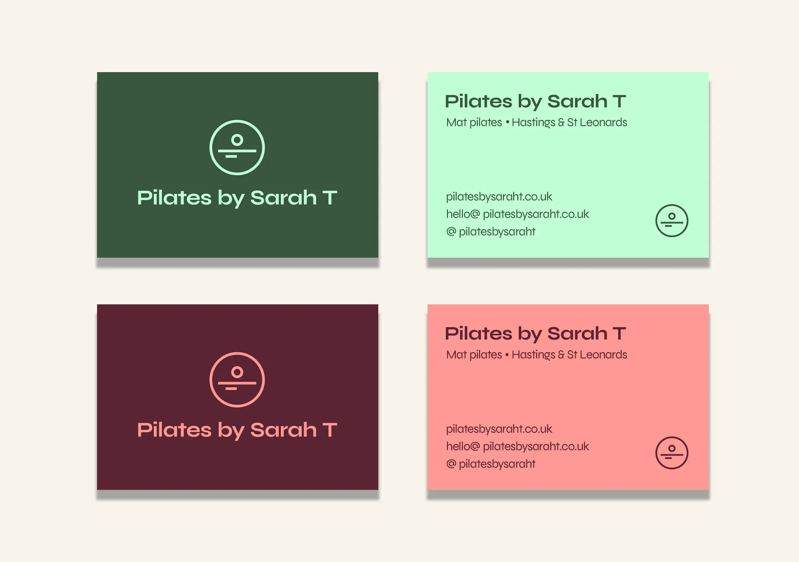 Pilates by Sarah T business cards in the brand's green and coral colourways