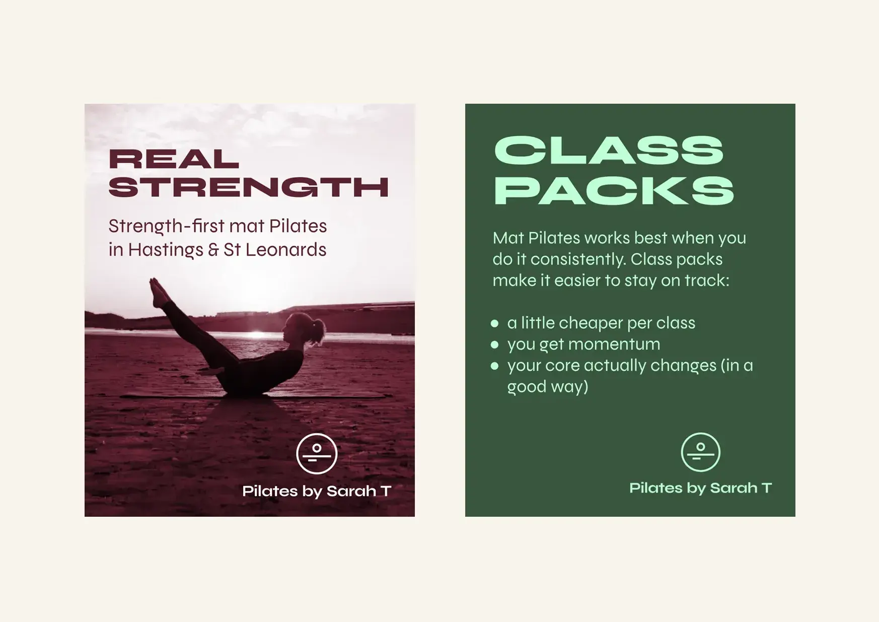 Pilates by Sarah T Instagram posts laid out on a phone, showing the brand applied to social